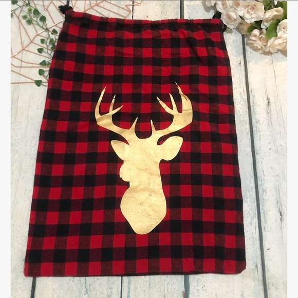 Christmas holiday bag red black plaid gold deer